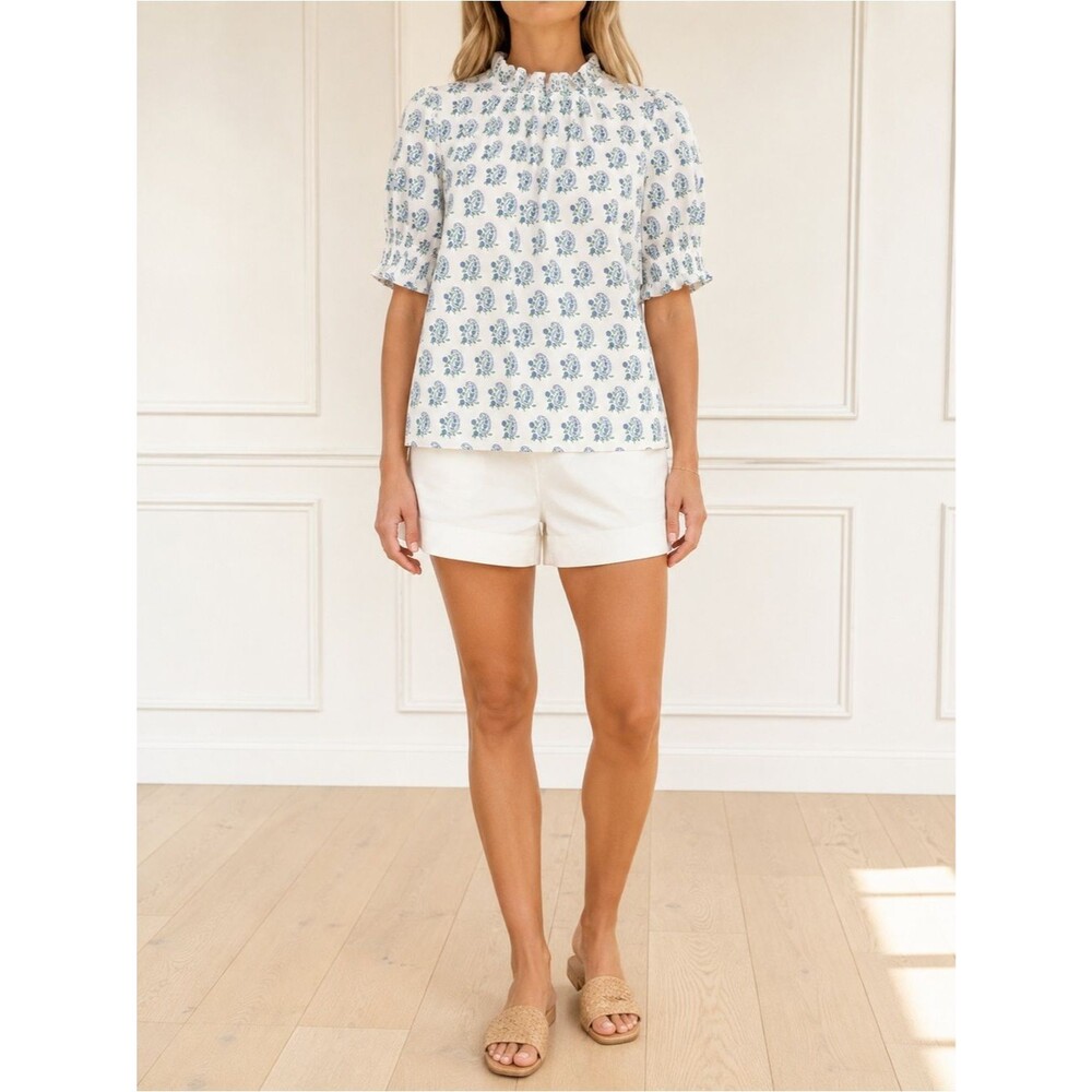J. Crew x SZ Blockprints Paisley Puff Sleeve Top White Blue Organic Cotton Large - Picture 7 of 7